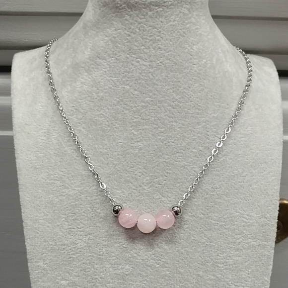 Rose Quartz Three Bead Necklace Natural Gemstone Crystal Stainless-Steel Chain - Picture 1 of 11